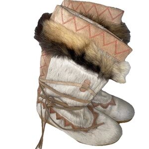 Tecnica Vintage Women Laced Fur Tall Boho Snow Boots Size 40 US 9 Ski Chalet